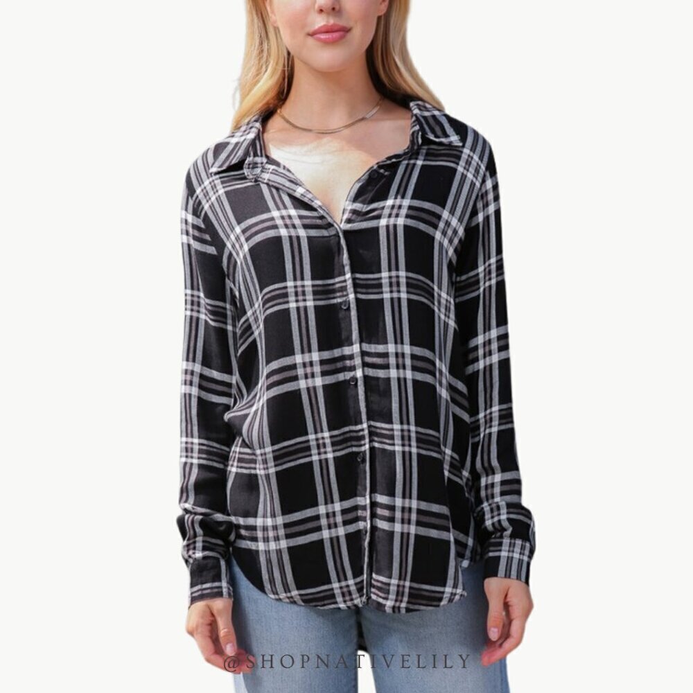 Timing Plaid Button Down Shirt Size Medium Black White Long Sleeve NWT